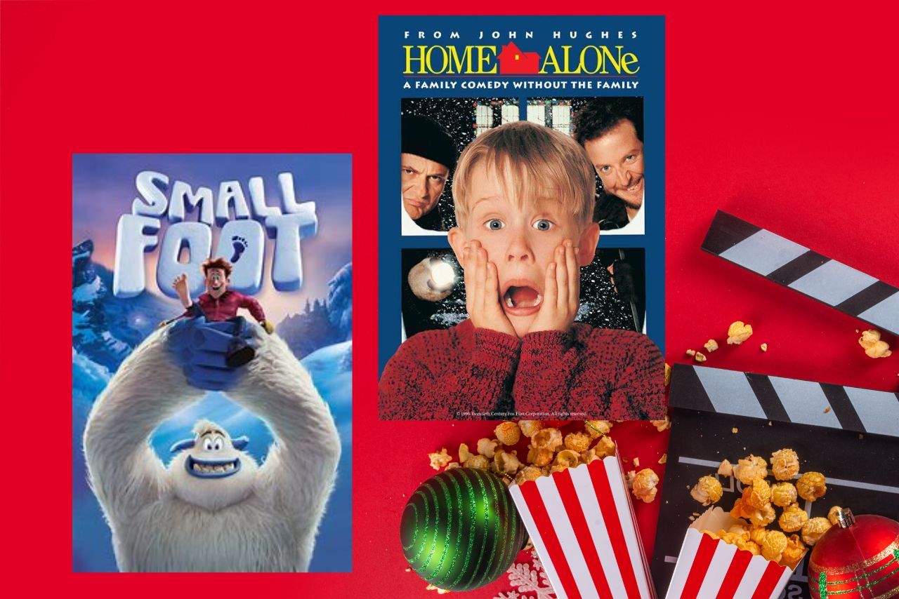 Home Alone and Small Foot Movie posters with popcorn and ornaments