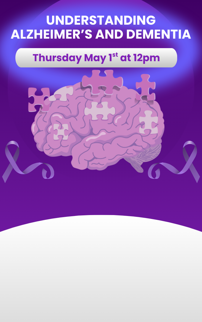 Understanding Alzheimer's and Dementia on a purple background with a brain missing puzzle pieces