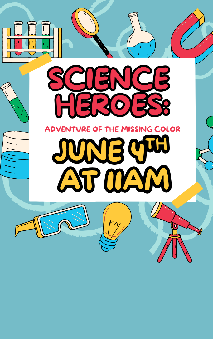Science tools such as a telescope, magnets, test tubes, and lightbulbs